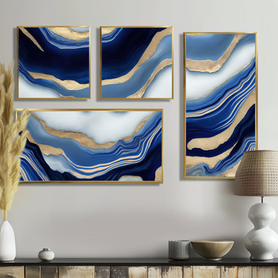 «Vibrant Blue and Gold Flow Art III», reproduction d'art moderne sur toile 4 pièces
