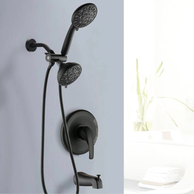 High Shower System - Matte Black With Tub Spout. 2 In 1 Dual Faucet. 7 Spray Modes To Soothe. All Metal. 1.8 Gpm Flow. 59" Hose Length. 1/2" Connection. Wall Mounted . Patterns For Enjoyment. Metal
