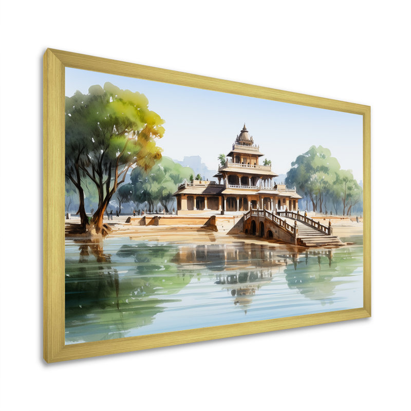 «Vietnam Temple Lotus Pond Serenity - China Art», art mural, Cadre doré à coins fermés, H 24 po x l 32 po x P 1 po