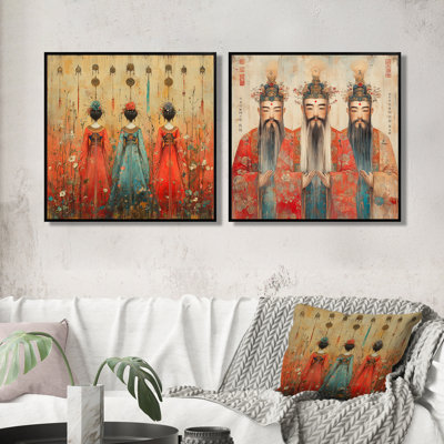 «Red Ancestors Blessing Accents with Green I», art mural traditionnel chinois - ensemble de 2 décorations murales traditionnelles