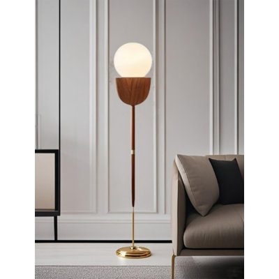 Mid-Century Style Solid Wood & Wrought Iron Floor Lamp