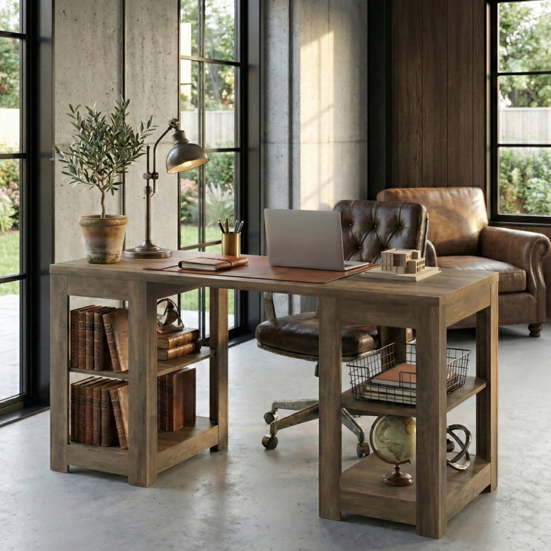 Pruitt Hollister Modern 59.1" Study Table With Open Storage And Shelves, Brown