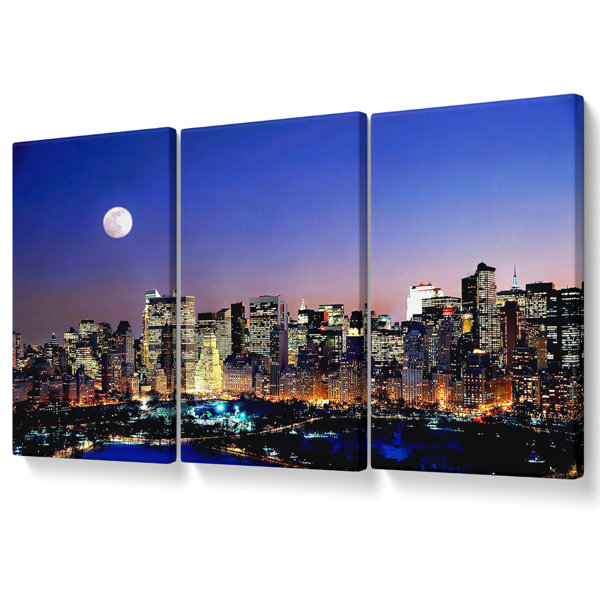 Brayden Studio Moon Over Manhattan - 3 Piece Wrapped Canvas Print ...