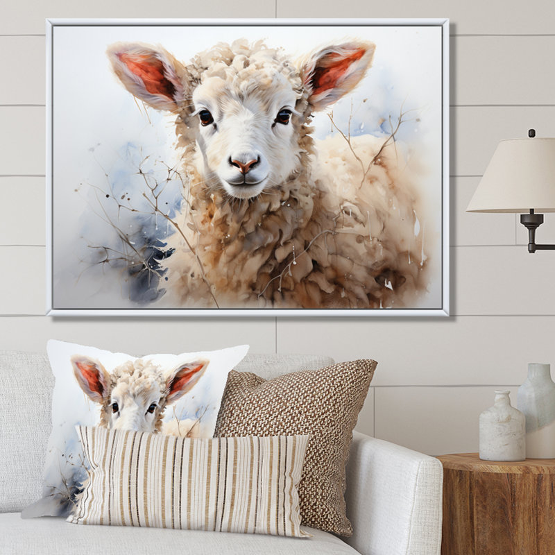 Mouton beige en hiver sur toile, H 30 po x l 40 po x P 1,5 po, Cadre flottant blanc