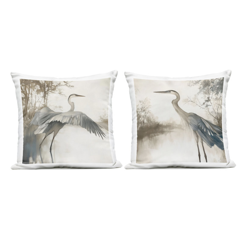 Heron Feathers Over Water 2 Piece Outdoor Printed Pillow Set design by Mona Grace, White Heron