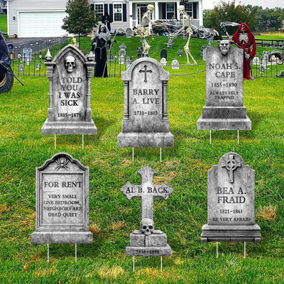 Décorations d'Halloween en plein air, cimetière amusant, pierres tombales, cour, signes, 6 pièces avec piquets, pierres tombales du cimetière, squelette effrayant, décorations d'Halloween pour l'extérieur, pelouse, jardin, fête