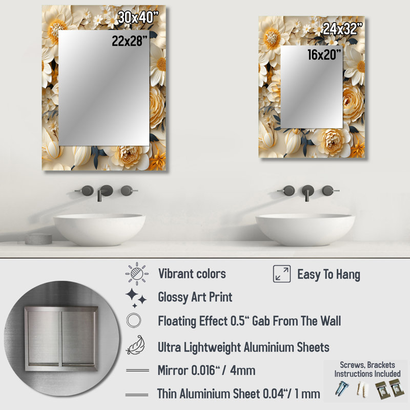 Assar crème délicate dentelle fleur botanique - grand miroir mural floral, miroir décoratif floral, impression d'art en métal