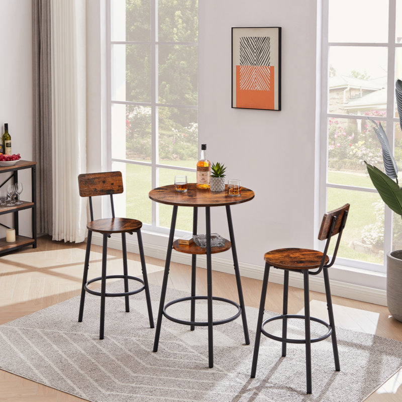 Round bar stool set with shelves, stool with backrest, Brown, Rustic Brown