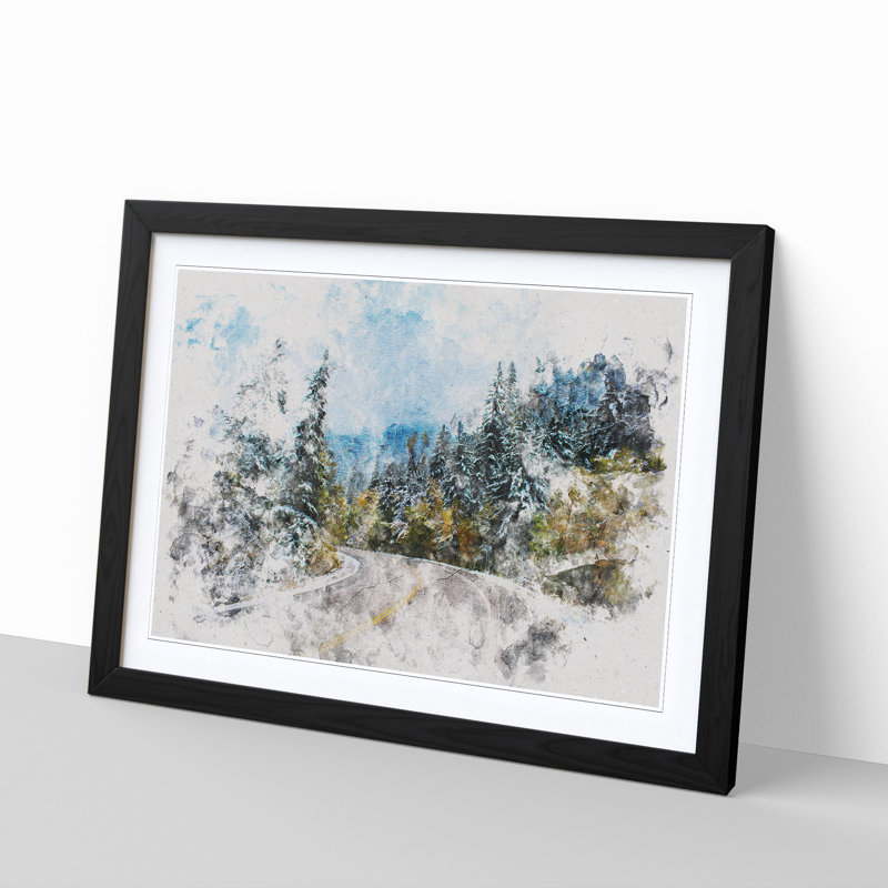 Winter Forest Road Watercolour - Single Picture Frame Print on MDF, Black Framed, 45cm H x 63cm W x 2cm D