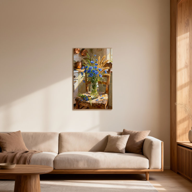 Plantes et fleurs Fleurs bleues dans un pot sur une chaise en bois, H 16 po x l 24 po
