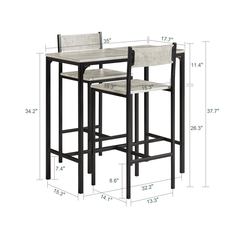 Kayler Set-1 Table And 2 Stools, 3 Pieces Home Kitchen Breakfast Pub Table and Chairs, Grey, Grey