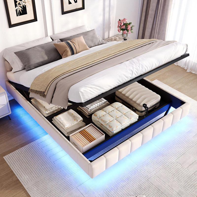 Upholstered Ottoman Storage Bed, Beige