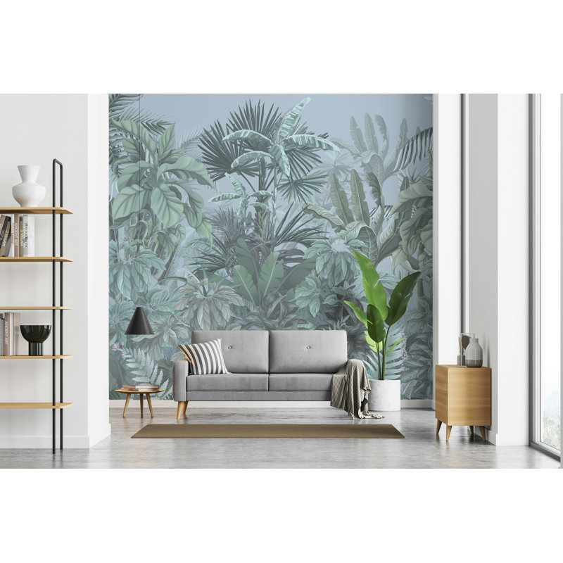 Papier peint Misty Jungle tropicale en vert sauge doux, L 106 po x l 187 po