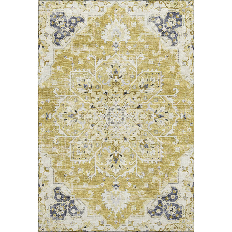 Premium Machine Washable Barayon AMF93 Yellow Rug, Rectangle 8' x 10'