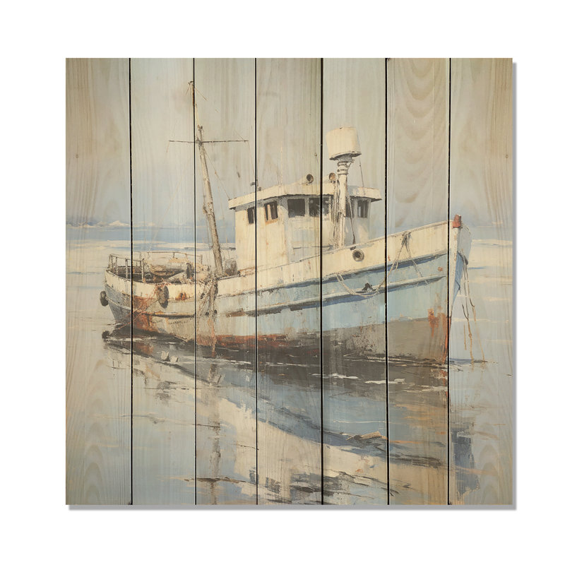 «Tranquil Waters Fishiing Boat» - Bateau sur impression sur bois, H 15 po x l 15 po