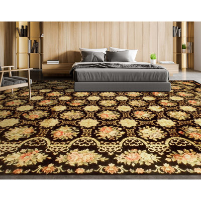 Tapis noir / crème / vert en soie tissée à la main Elegance