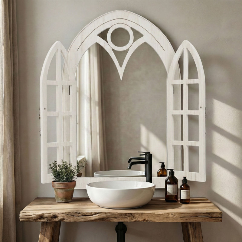 Vintage Arched Wall Mirror With Openable Shutters, Decorative Accent Mirror For Home, 36"H x 24"W, White
