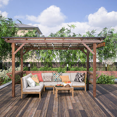 Pavillon de jardin en bois 13 pi x 6,5 pi avec toit en métal, ampoules et compteurs de boissons