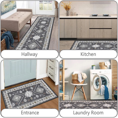 3pcs Bohemian Farmhouse Pattern Anti Slip Running Track Carpet - Machine Washable, Retro Decoration Suitable For Kitchen, Bedroom, Hallway, Foyer - Suitable For Hardwood Flooring, Rolled Edge Design, Linen Bottom Safety Anti Slip Design