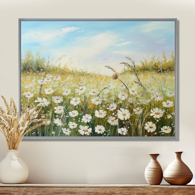 Champ de fleurs marguerites au soleil, H 30 po x l 40 po x P 1,5 po, Encadrement argenté