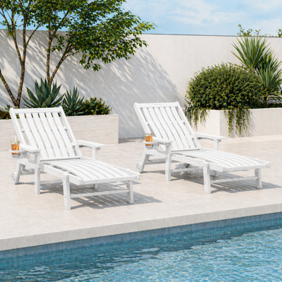 Pakkdiarie Outdoor HDPE Adjustable Reclining Chaise Lounge Chair With Wheels & Cup Holder (Set of 2)