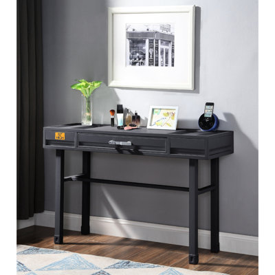 One Drawer Gunmetal Metal Vanity Desk, Iron Plate  40 X 40Mm  Top, Frame, Recessed Panels, Side Glide With 3/4 Ext., Manual Close, Stop, 39"L 16"W 25"H Knee Space Desk Featuring Drawer, Straight