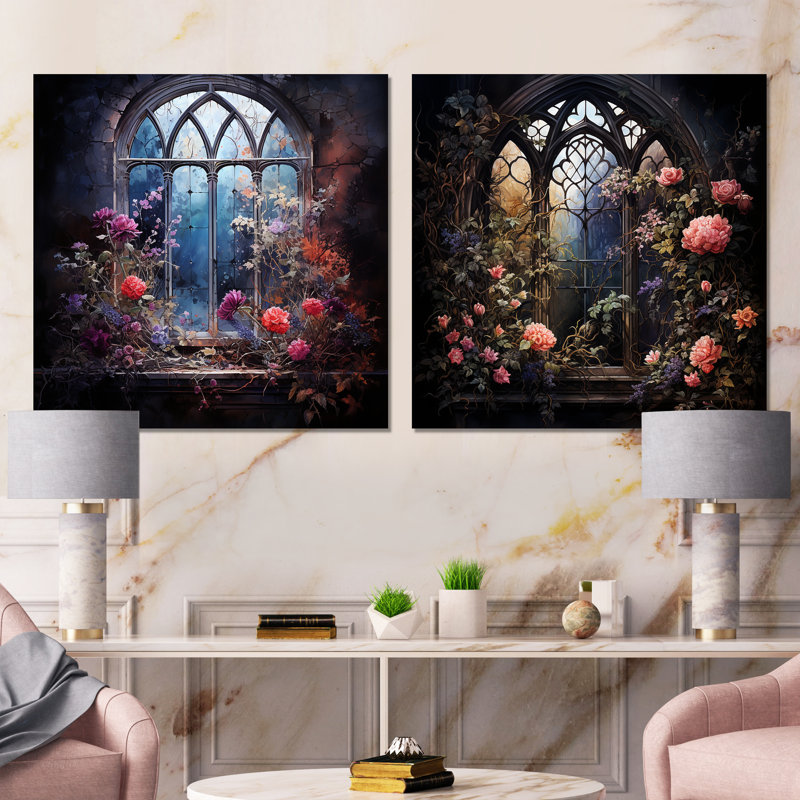 Floral Gothic Church Windows View I - Window Canvas Prints Set Of 2, Wrapped Canvas, 16" H x 33" W x 1" D
