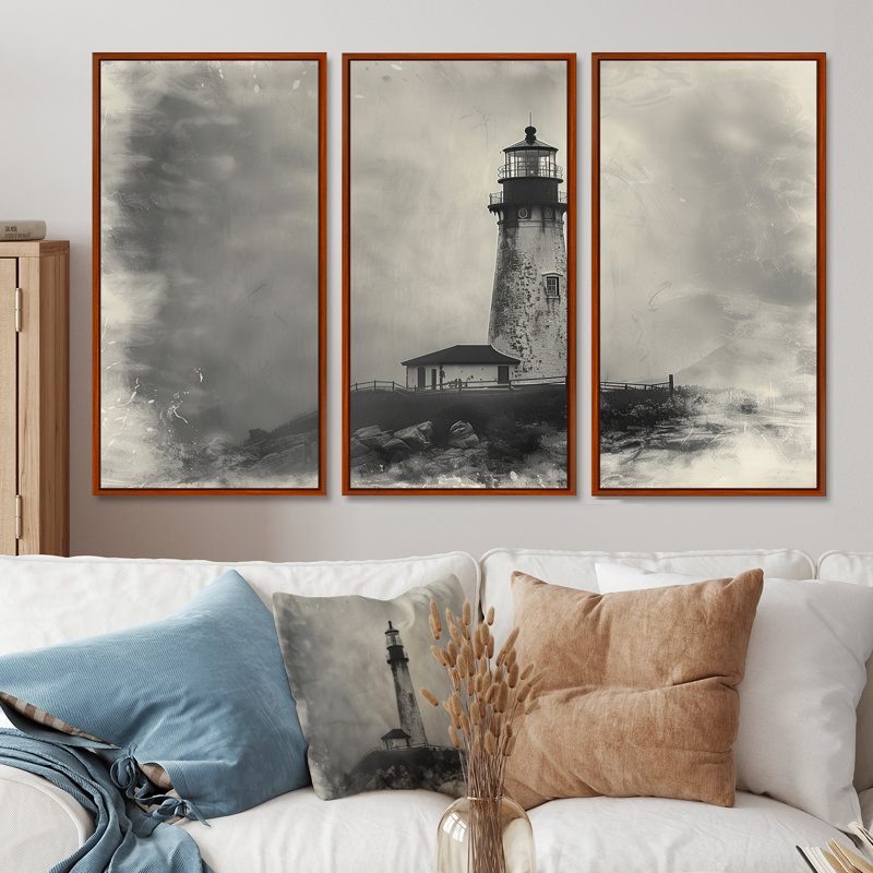 Phare rétro rétro brouillard d'hiver - ensemble de reproductions d'art mural phares, Toile avec cadre flottant brun