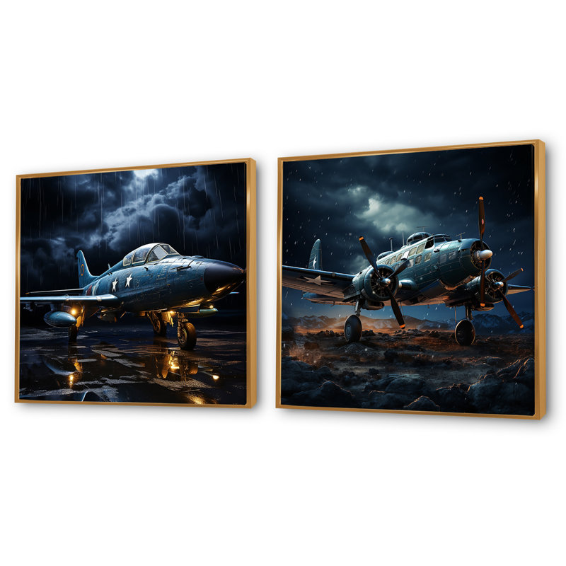 Avion militaire - Blue Thundering Skies - Ensemble de 2 carrés de collage militaire, Cadre flottant doré, H 16 po x l 33 po