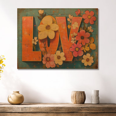 Amour groovy en fleurs - Tableau mural rond rétro en bois