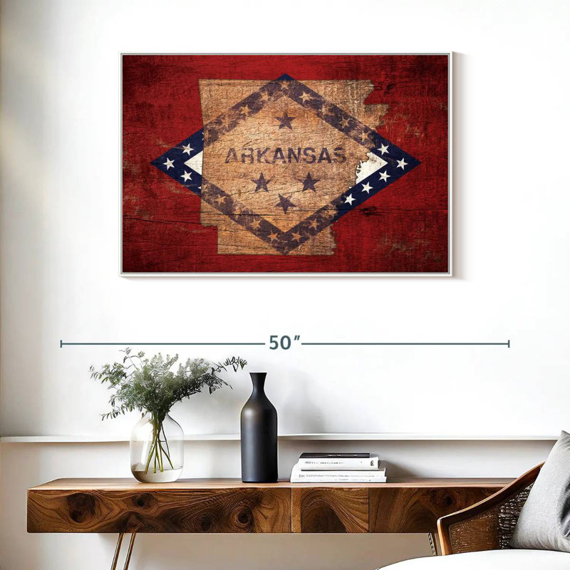 Carte d'État sur le drapeau de l'Arkansas, Cadre flottant blanc, 37 po x 25 po