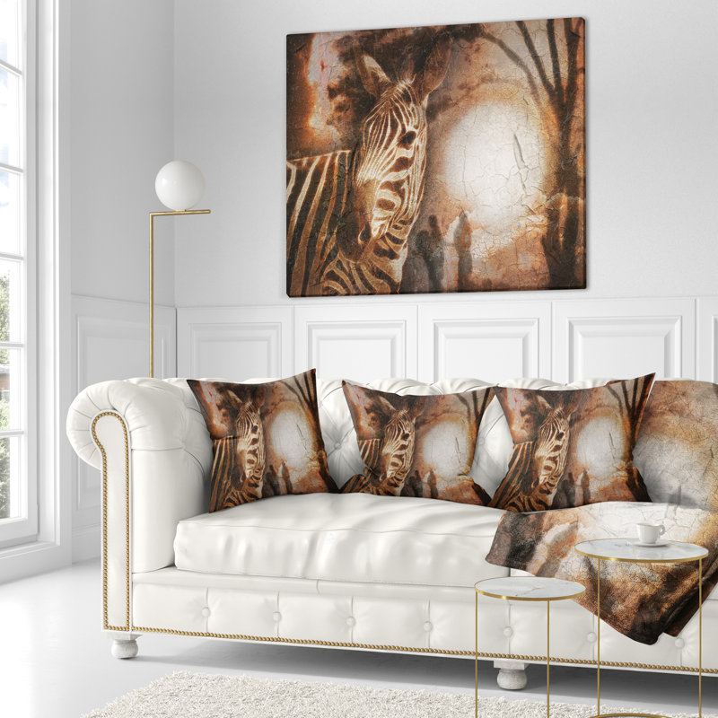 Zèbre africain de style rétro - coussin imprimé animal, 18 po x 18 po, Coussin décoratif