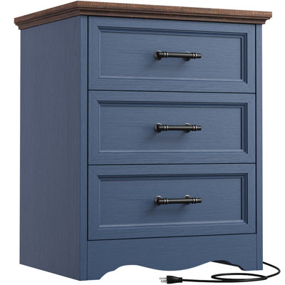 Farmhouse Nightstand with Charging Station, 19.7" End Table with 3 Storage Drawers, Brushed Metal Handles for Bedroom Living Room, Blue