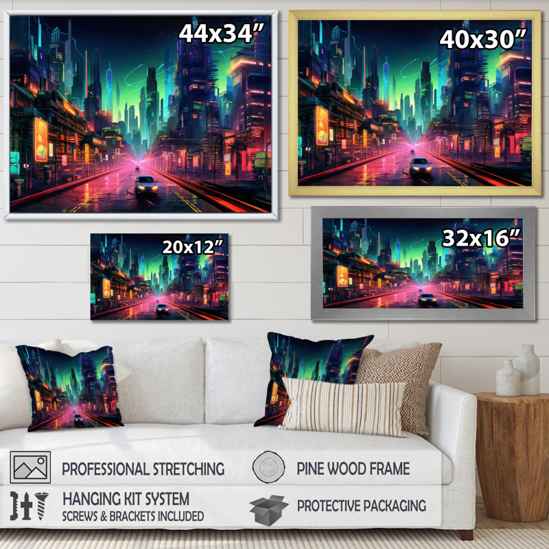 "Berlin Neon Cityscape I", reproduction d'art sur toile, H 12 po x l 20 po x P 1 po, Cadre photo blanc