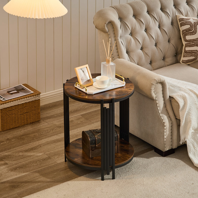 Table d'appoint ronde à deux niveaux en bois de 50 cm (19,7 po) avec cadre en métal noir de style industriel, Brown
