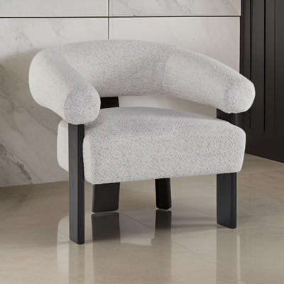 Tisa Accent Chair, Gray Polyester, 3 Leg Black Wood Frame Round Barrel Back