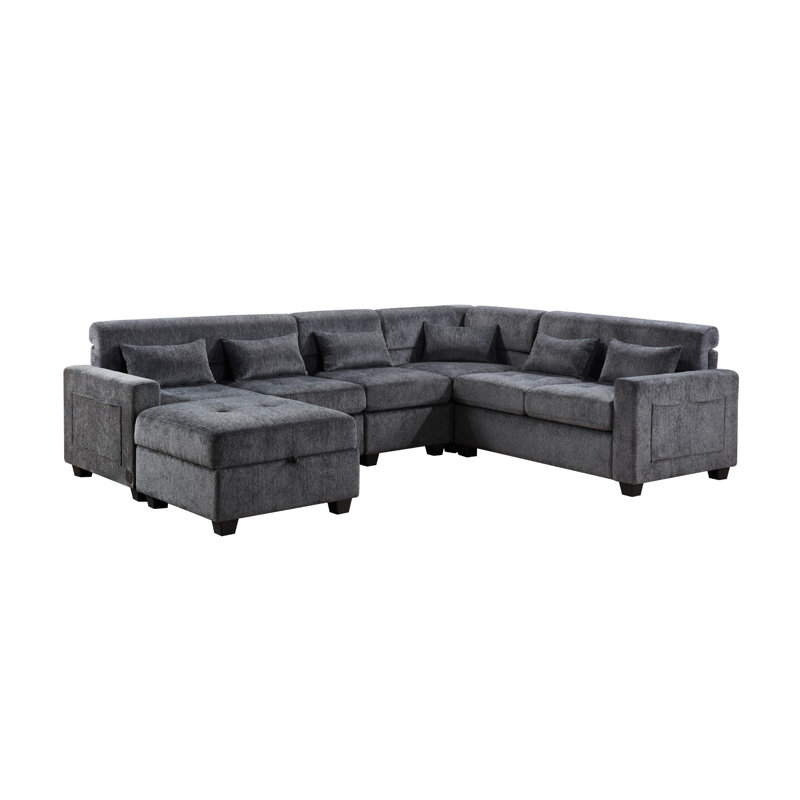 115"W Gray Chenille Sectional Sofa With Adjustable Backrest
