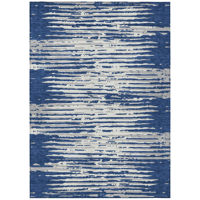 Tapis extérieur lavable rayé bleu marine et ivoire 9 pi x 12 pi