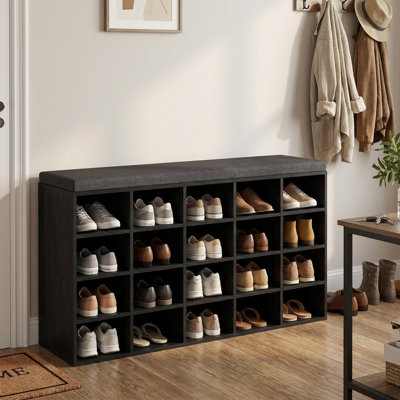 20 Pair Black Shoe Storage Bench with Cushion