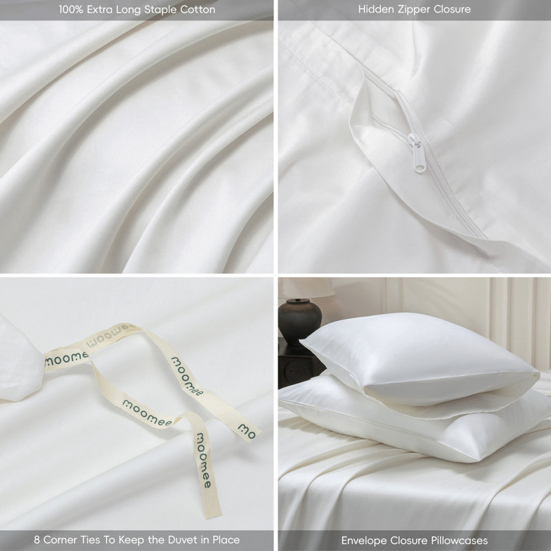 MooMee Duvet Cover Set Silky Sateen Look Luxury Sheen Zipper Closure & 8 Interior Ties 100% Long-Staple Cotton 600TC 