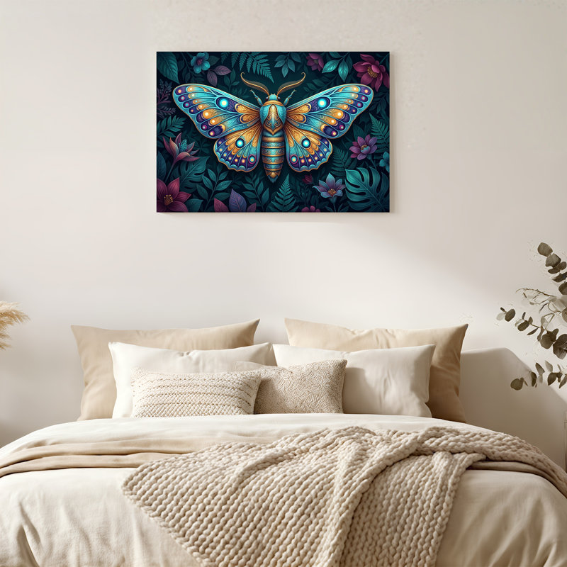 Toile brillante, sarcelle et papillon doré sur fond de feuillage foncé, H 24 po x l 36 po