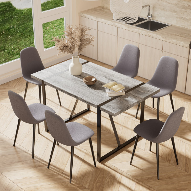 Ensemble de salle à manger rectangulaire à double piédestal, table de salle à manger de 55 po et chaise rembourrée., Brun, 7