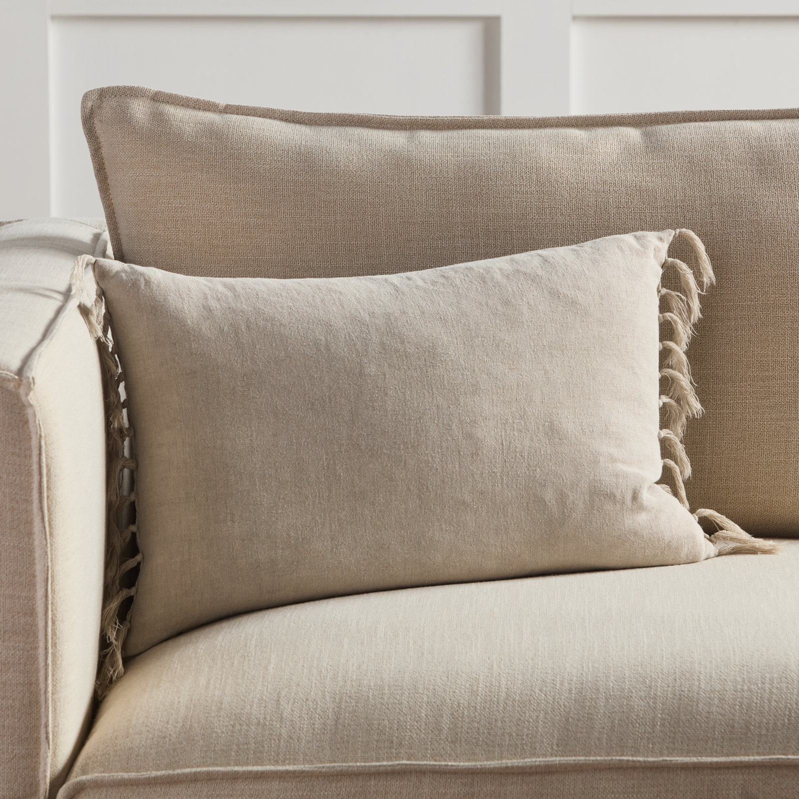 Sharron Tassels Linen Lumbar Throw Pillow, White, Down