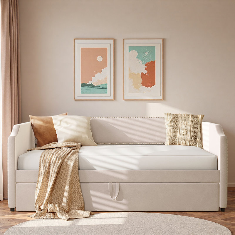 Velvet Upholstered Daybed With Pop Up Trundle And Nail Head Decoration, Beige