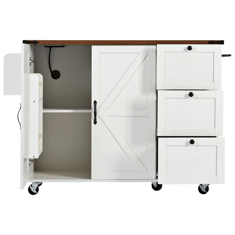 K&K 54.5" Farmhouse Kitchen Island With Power Outlet, Kitchen Storage Island With Internal Storage Rack, Drop Leaf, Spice Rack, Rolling Kitchen Cart On Wheels, For Home, Kitchen And Dining Room