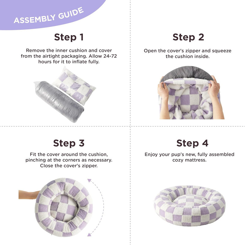 Lit pour chien Lesure Donut, Mauve / carreauté, M (H 8 po x l 30 po x P 30 po)