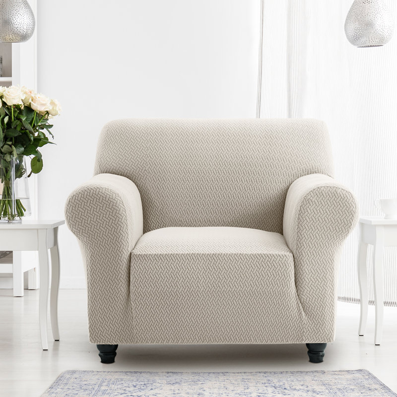 Durable Spandex Stretch Sofa Cover - Jacquard Pattern Sofa Slipcover & Furniture Protector, Beige
