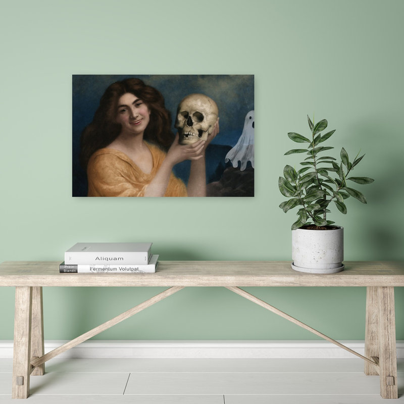 Femme souriante tenant un crâne, portrait abstrait gothique vintage, impression d'art mural, H 16 po x l 24 po