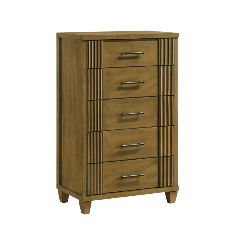 Shalyce Mid-Century Modern 28.7" W Solid Wood 5 Drawer Chest, Antique Oak