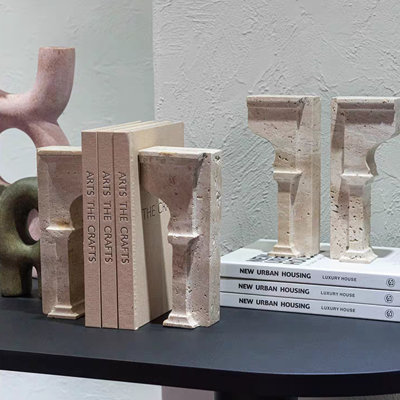 Set of 2 Arched Travertine Bookends - Natural Stone Shelf Organizers with Arc de Triomphe Style for Living Room, Study, Desk Decor